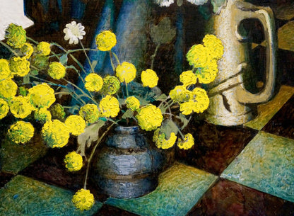 Vladimir Igorevich Panich depicts white and yellow flowers in his oil painting