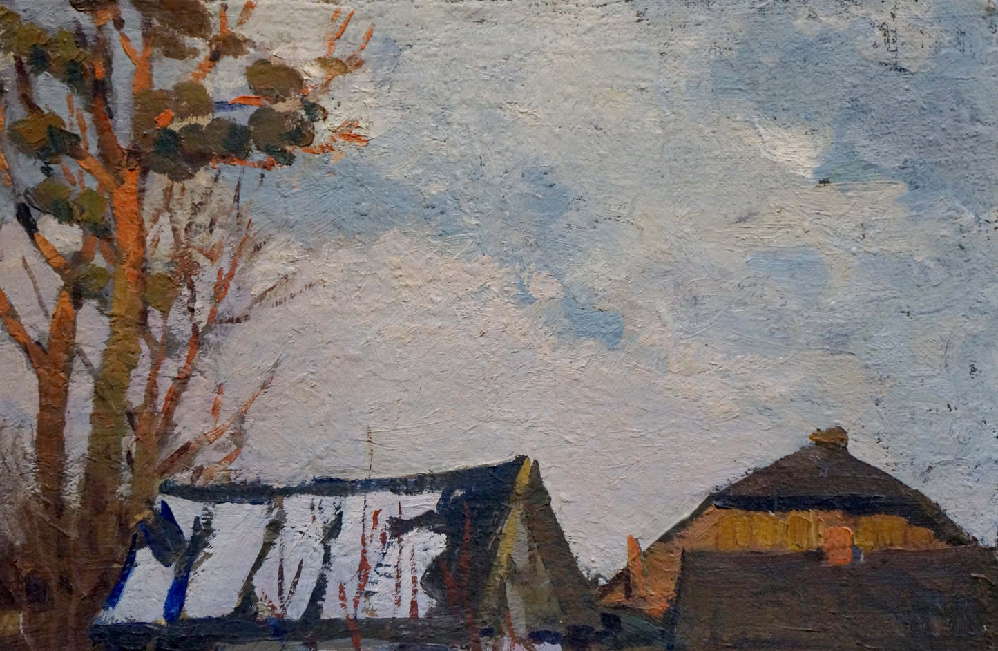 Oil painting The yard is covered with snow Vladimir Belyak