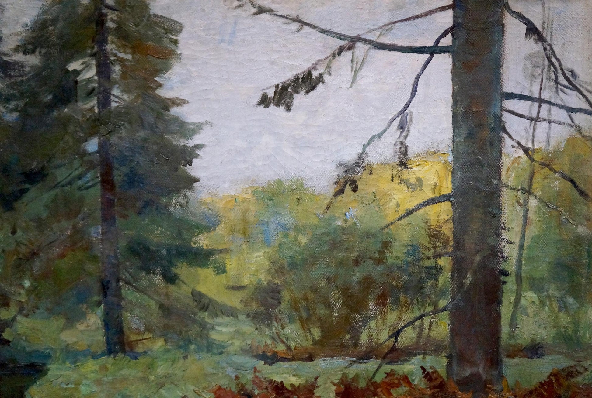 The subject of Frents' oil painting is a serene forest stream