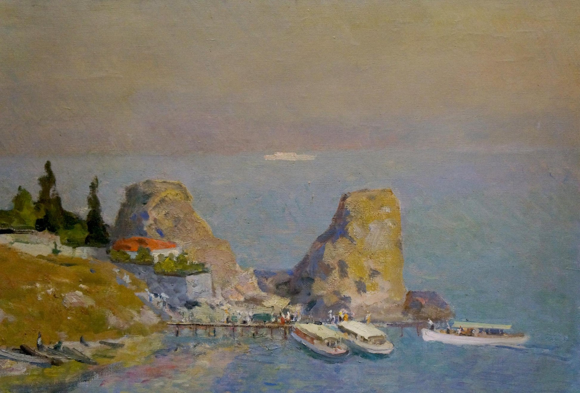 Oil painting titled City by the Sea by N. A. Shelyuto