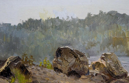 Landscape featuring rocky coast in oil, artist unidentified