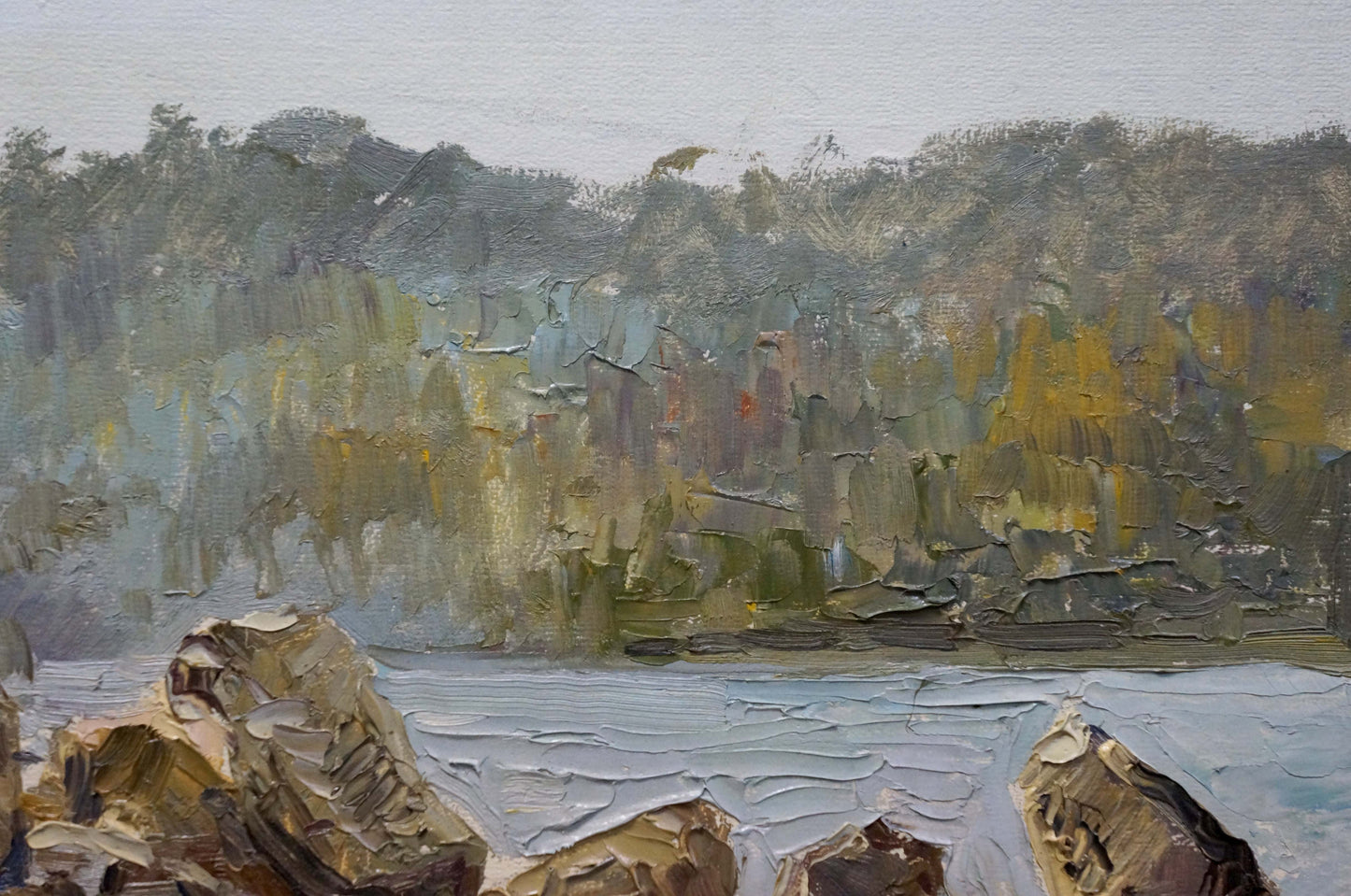 Unidentified artist's oil painting of a rocky coast landscape