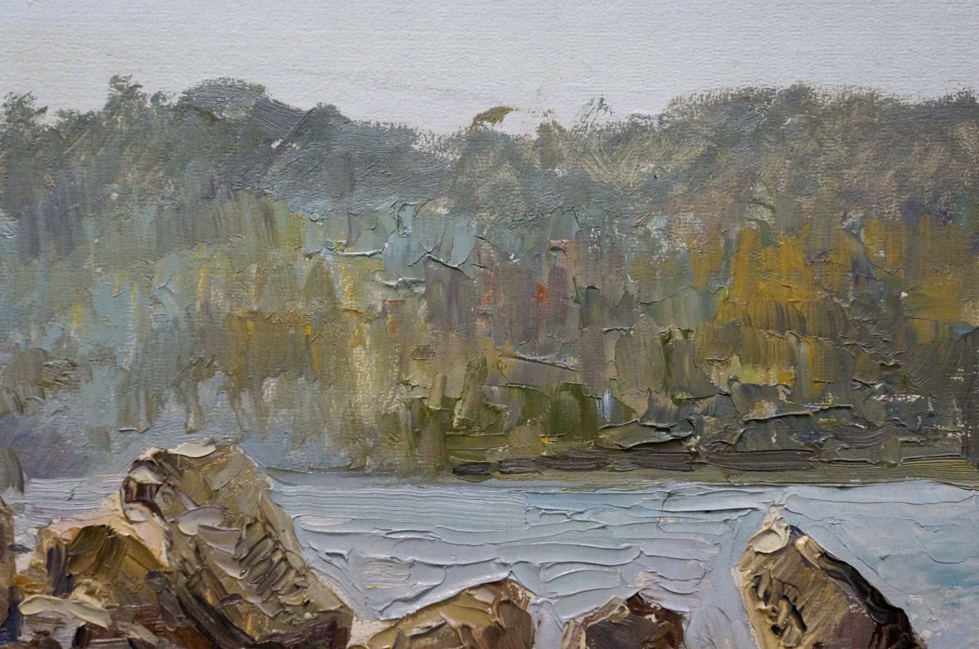 Unidentified artist's oil painting of a rocky coast landscape