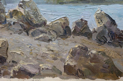 Rocky coast landscape depicted in an oil painting by an unknown artist