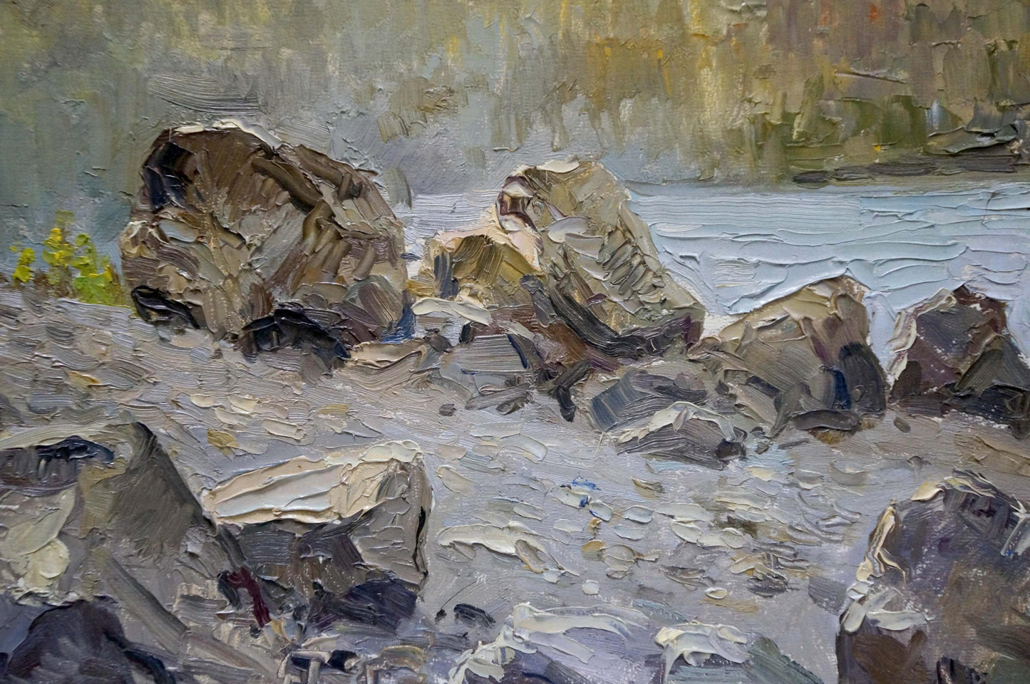 Unknown artist's portrayal of a landscape with rocky coast in oil