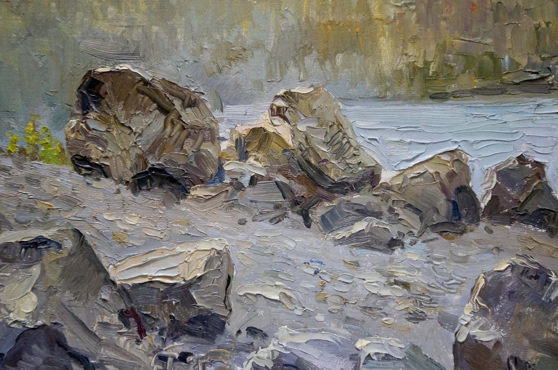 Unknown artist's portrayal of a landscape with rocky coast in oil