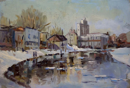 Oil painting Snowy city by the river Unknown artist