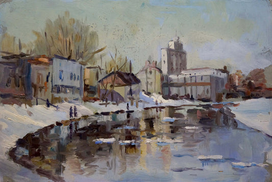 Oil painting Snowy city by the river Unknown artist