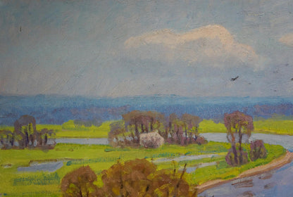 Oil painting capturing a landscape with a river flood by an unknown artist