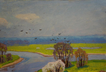River flood depicted in a landscape oil painting by an unknown artist