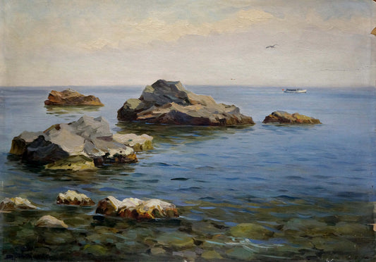 Oil painting Yacht in the distance at sea Stepan Yarovoy