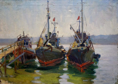 Oil painting Ships in port Kolomoitsev Petr Mikhailovich