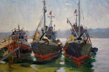 Oil painting Ships in port Kolomoitsev Petr Mikhailovich