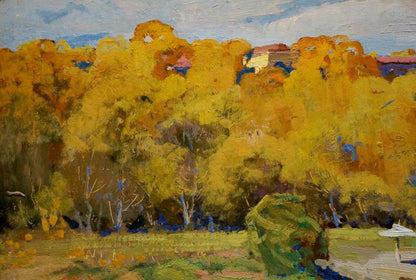 In this artwork, Korostelev depicts a landscape view overlooking a city