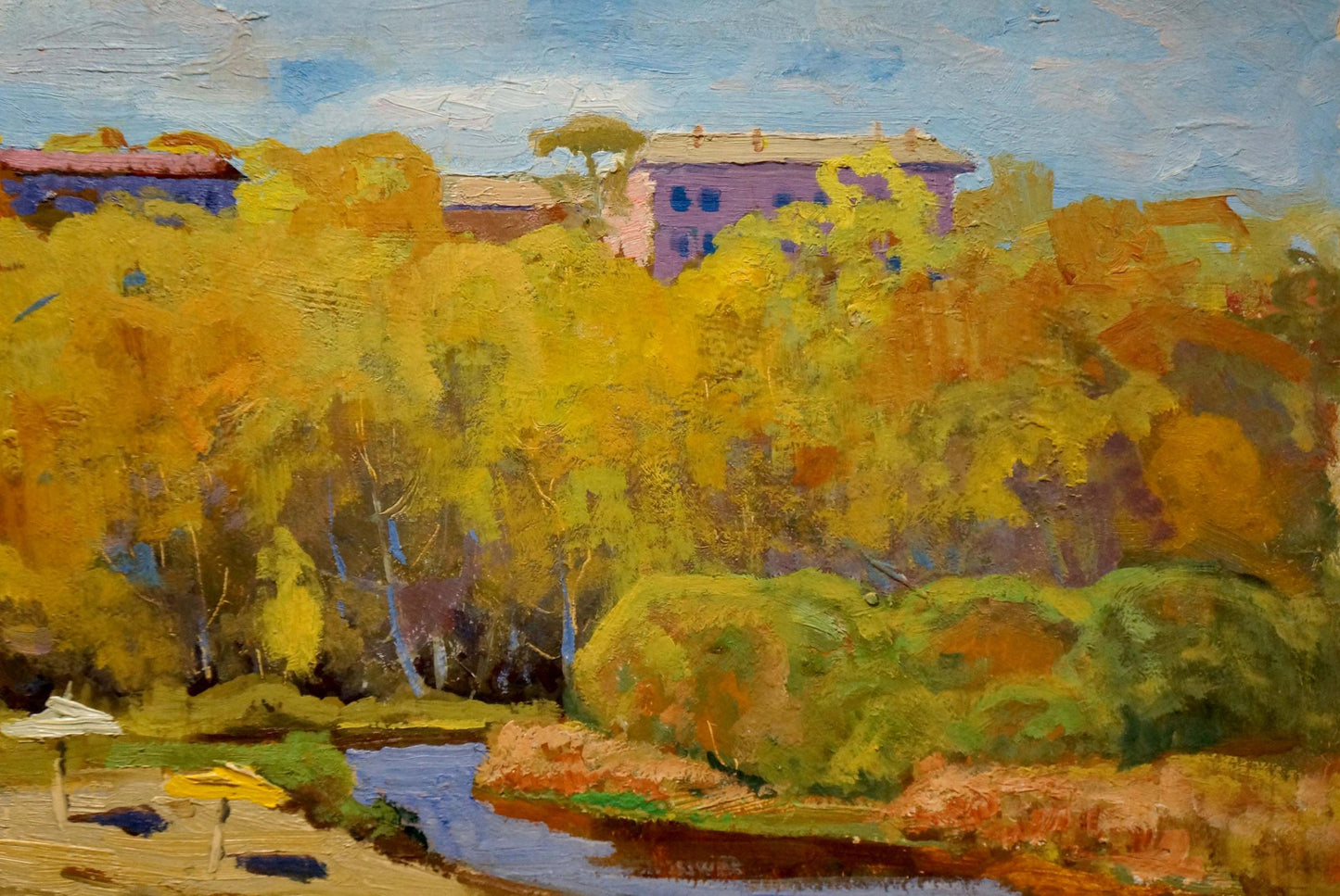 The painting captures the dynamic contrast between urban architecture and natural surroundings