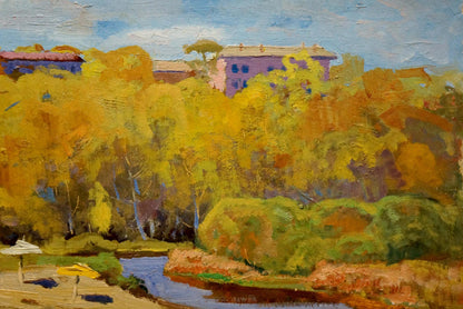 The painting captures the dynamic contrast between urban architecture and natural surroundings