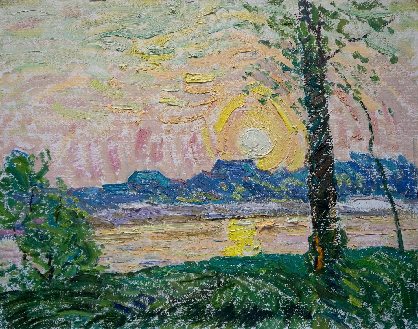 Oil painting Sunset landscape over the forest Viktor Sevastyanov