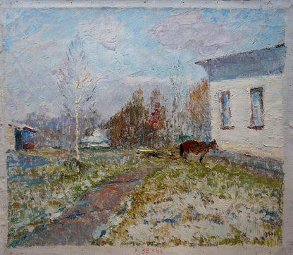 Oil painting Brown horse in the yard Viktor Sevastyanov