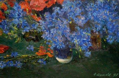 The focal point of Alexander Fedorovich Mynka's oil painting is a still life featuring poppies