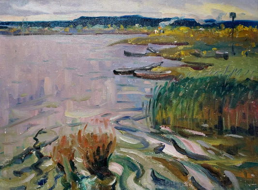 Oil painting Moored boats on the river Unknown artist