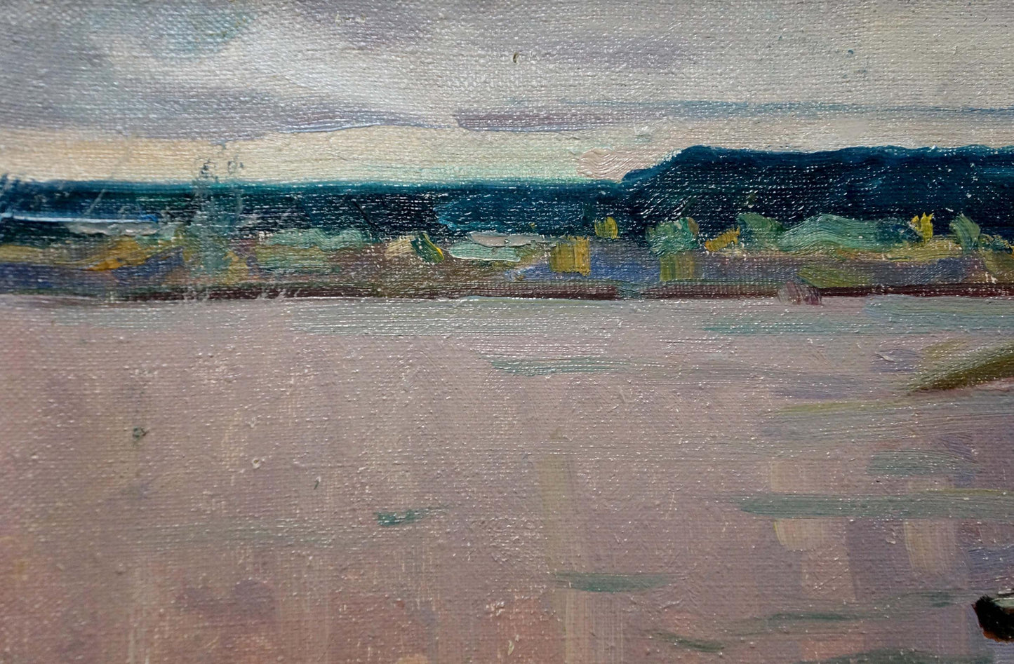 Oil painting Moored boats on the river Unknown artist