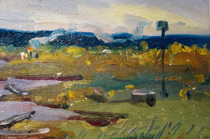 Oil painting Moored boats on the river Unknown artist