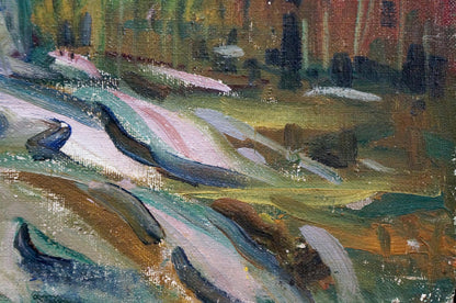 Oil painting Moored boats on the river Unknown artist