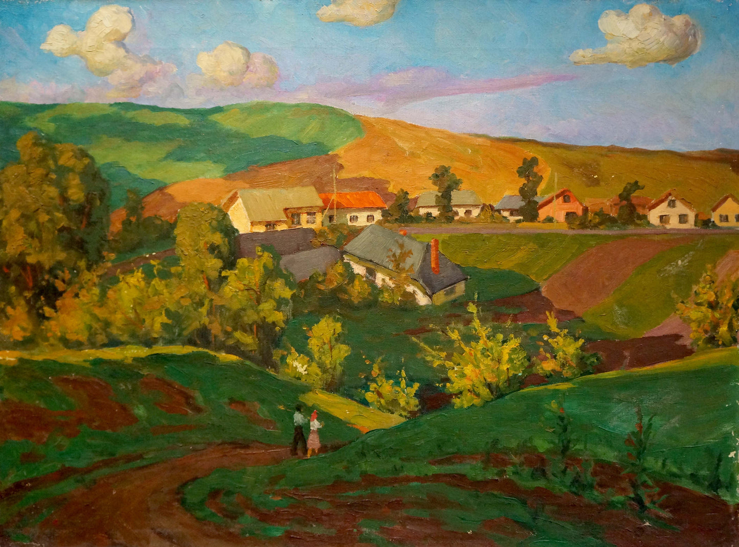 Oil painting Village life in the fields Unknown artist