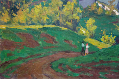 Oil painting Village life in the fields Unknown artist