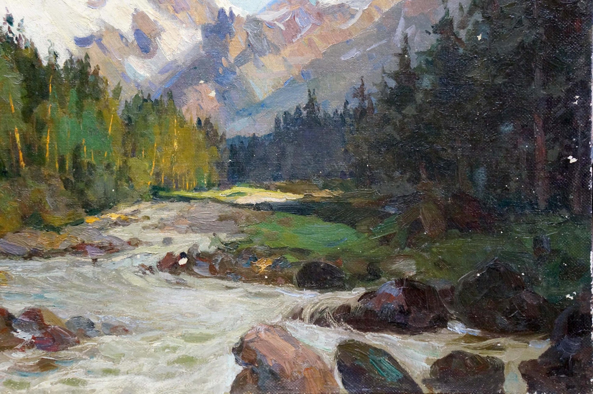 Forest decorations in the mountains were depicted in an oil painting by an unknown artist