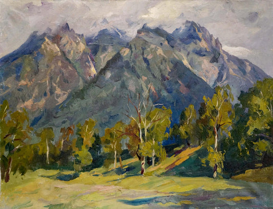Oil painting Mountain peaks among the clouds Unknown artist