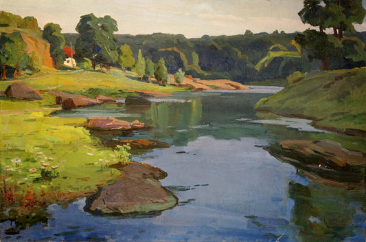 Oil painting Day dawn on a river landscape Unknown artist