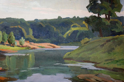 Oil painting Day dawn on a river landscape Unknown artist