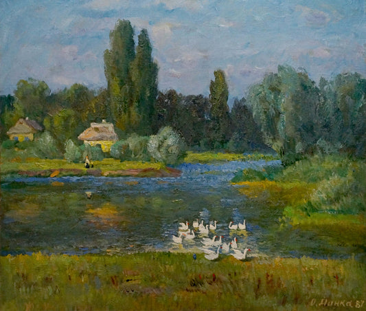 Oil painting Geese by the river Mynka Alexander Fedorovich