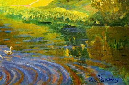 Oil painting Ducks swim on the river Unknown artist