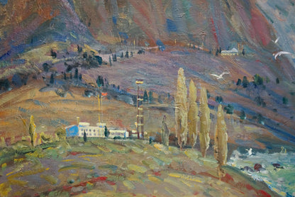 An unidentified artist depicted mountains near the sea in an oil painting