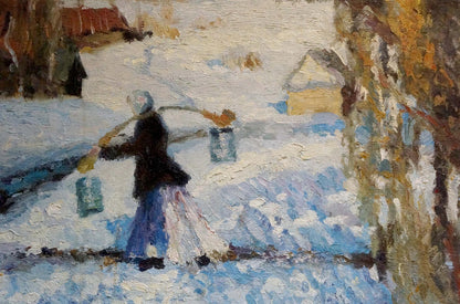 Oil artwork of a girl walking to a well in winter by an unknown artist