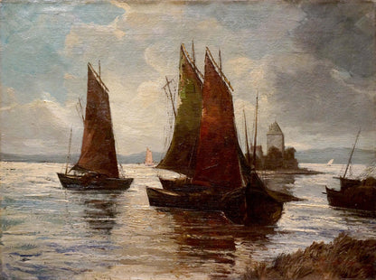 Oil painting Fleet of ships Woseker A.