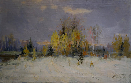 Oil painting Winter road in the forest Unknown artist