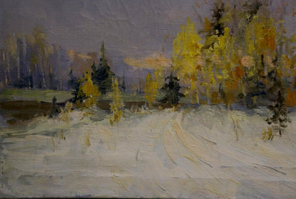 Oil painting Winter road in the forest Unknown artist