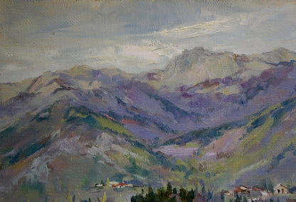 Oil painting of a city amidst mountainous terrain by an unknown artist