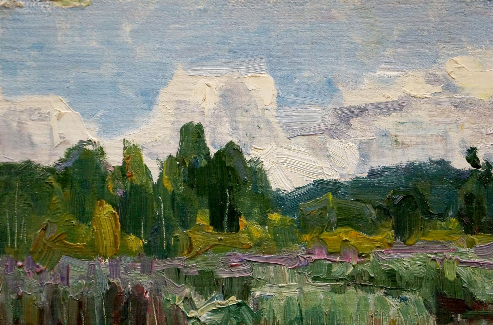 Oil painting depicting tranquil natural scenery and lush greenery.