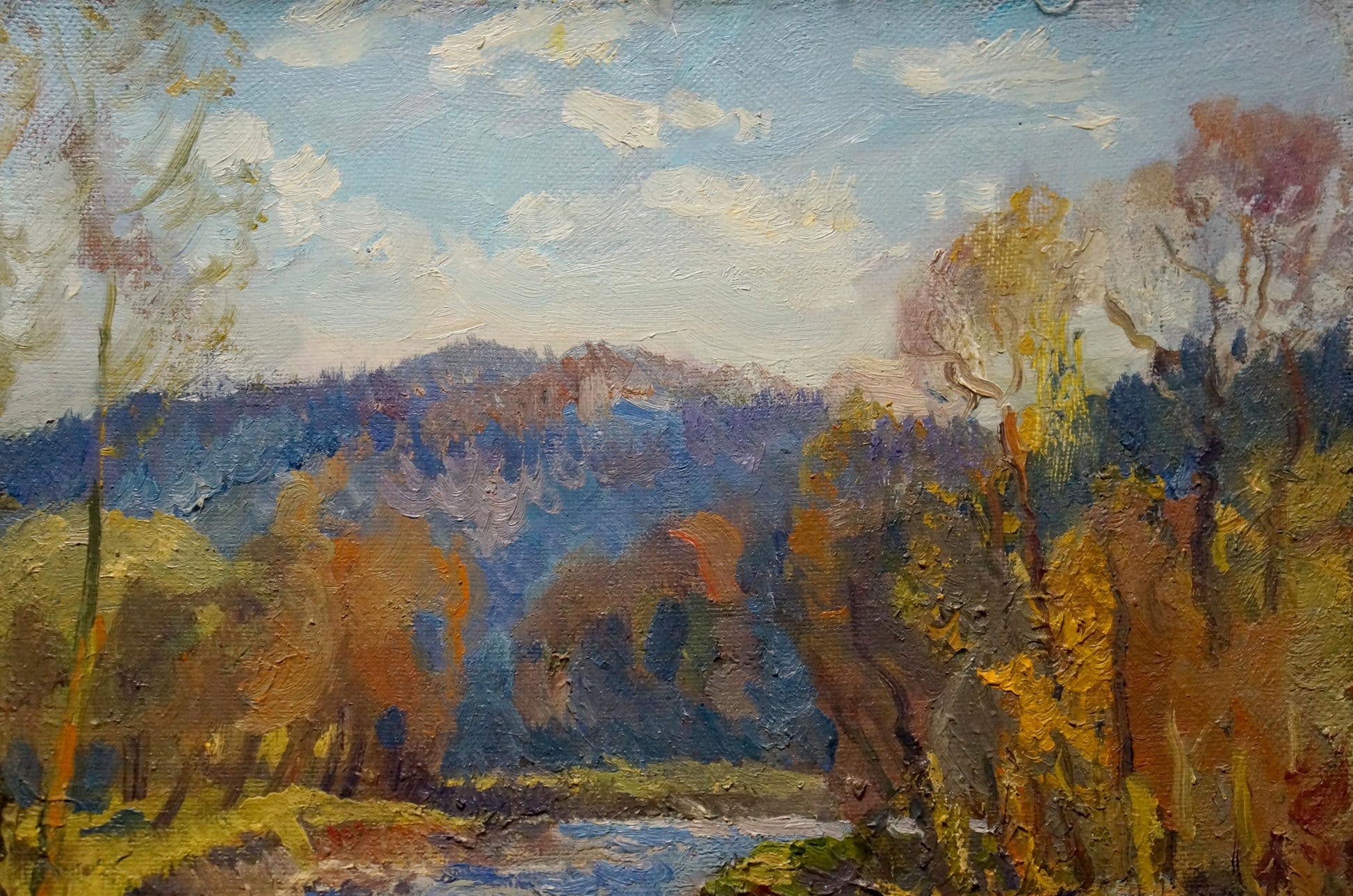 The oil painting by Alexander Fedorovich Minka features the border of a village