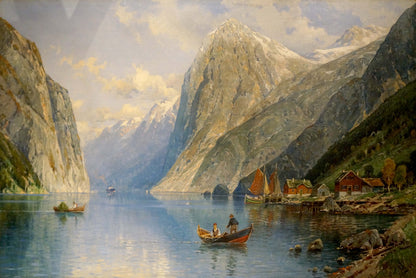 Oil painting Boat ride near the mountains European artist