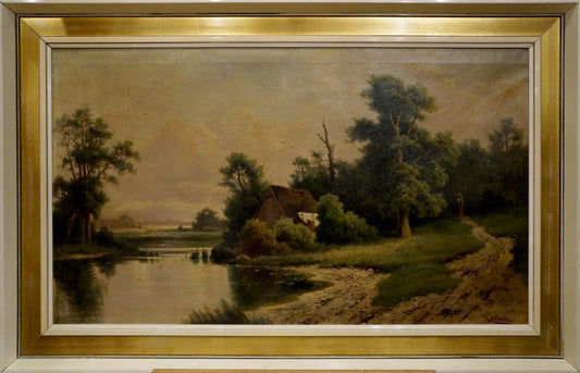 Oil painting Lake at the house