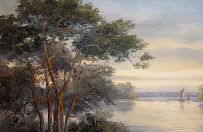 Oil painting A walk along the river on sailboats European artist