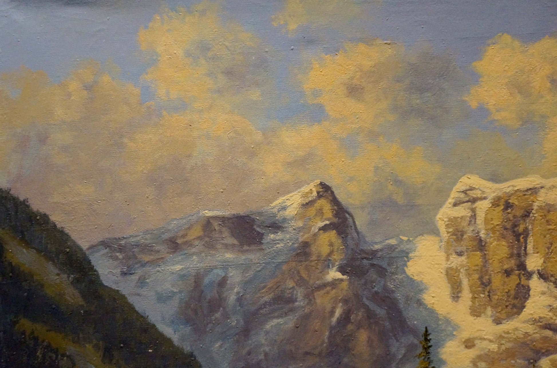 An oil painting by a European artist depicts a stroll near the mountains