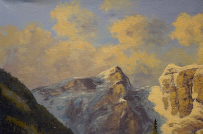An oil painting by a European artist depicts a stroll near the mountains