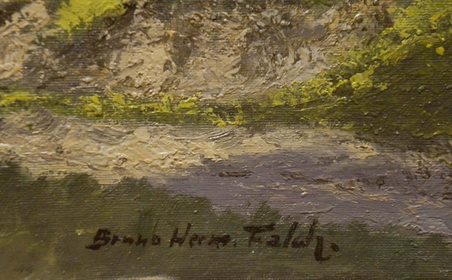 A European artist portrays a scenic walk near the mountains in their oil painting