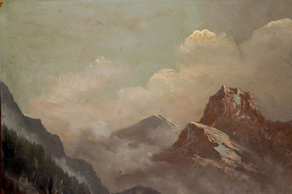 Oil painting Mountains shrouded in fog European artist